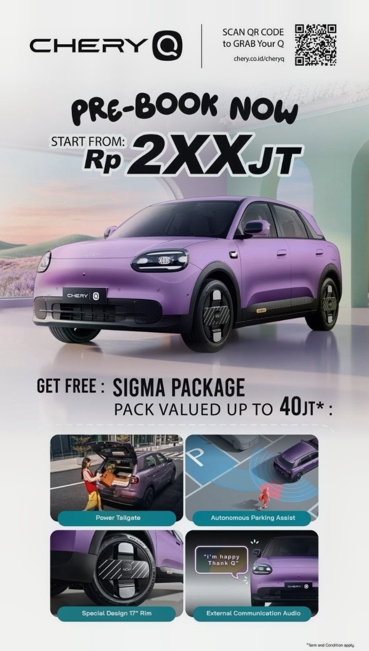 Pre order Chery Q dapatkan package sigma senilai 40jtan periode S/D 15 Juli pesan segera ?! Cukup booking 5jt saja